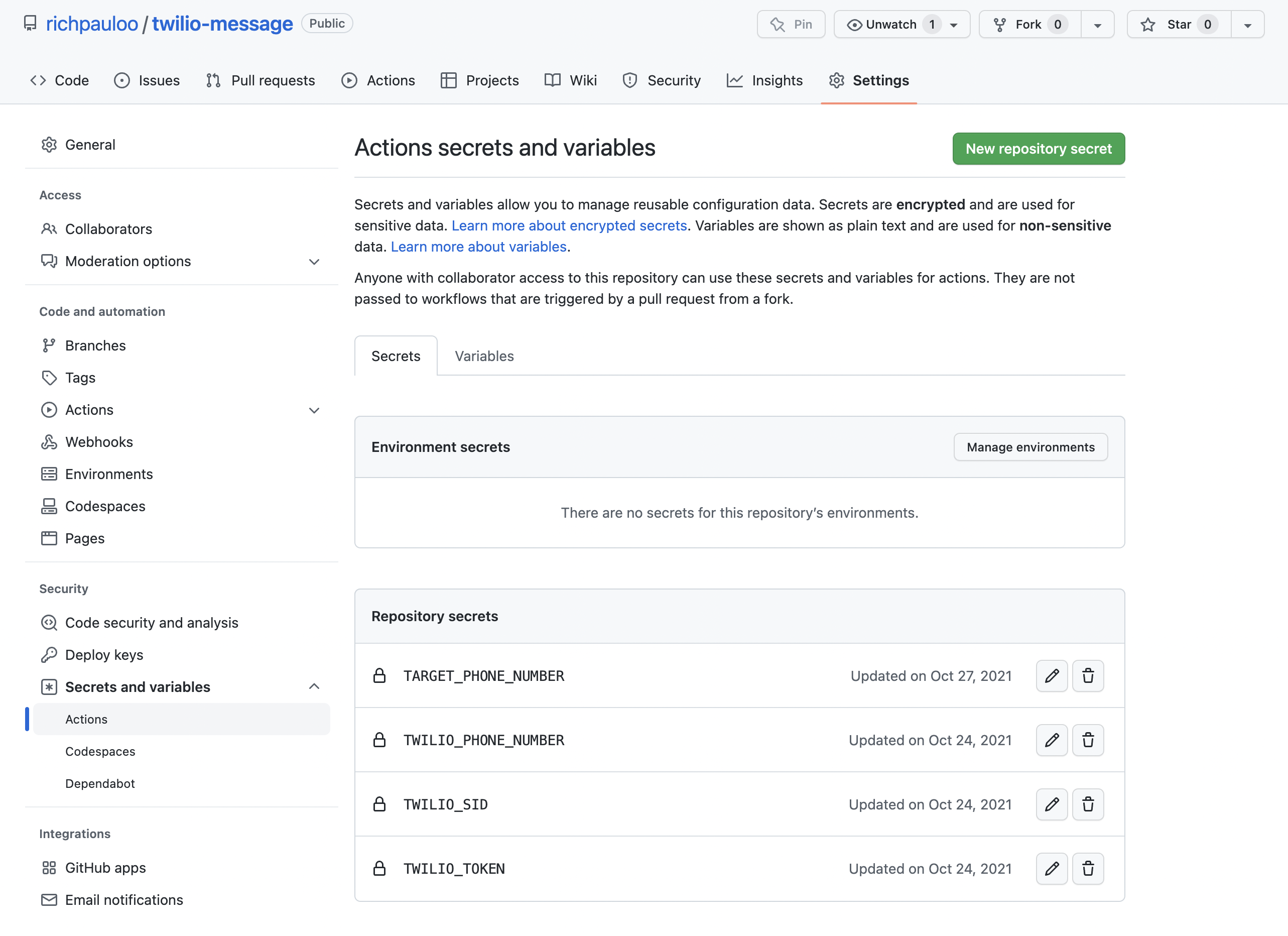 Screenshot of Github Actions env vars.