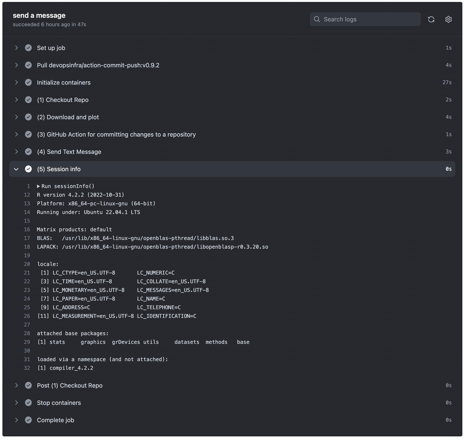 Screenshot of SessionInfo as part of a Github Action workflow task.